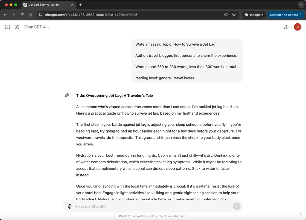 ChatGPT-4 How to Survive a Jet Lag in First Persona 