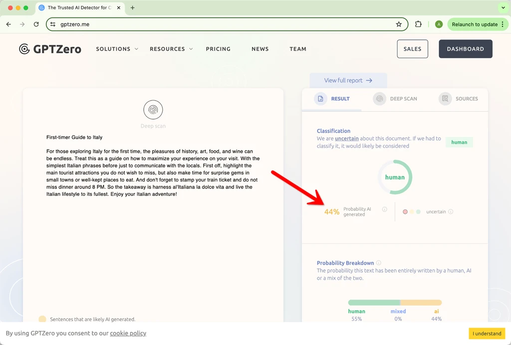 GPTzero Scoring HIX.AI Bypass Humanization Initial Output 44 AI Score