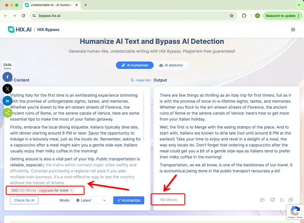 HIX.AI Bypass Humanizer Free Trial Input Limitation 