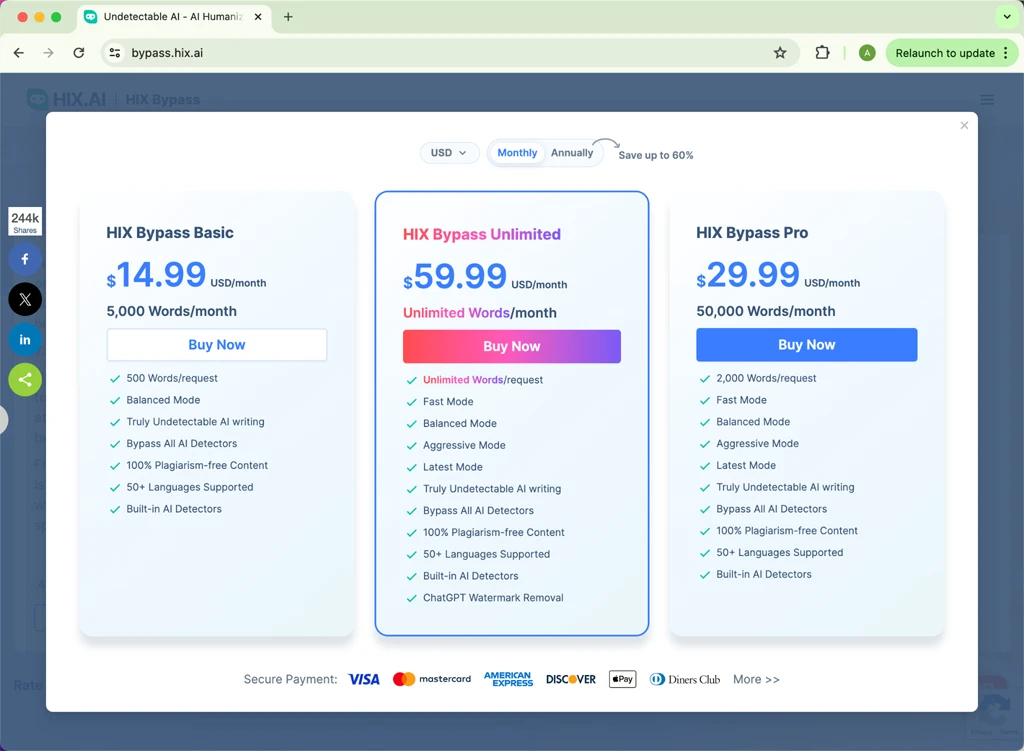 HIX.AI Bypass Humanizer Pricing Monthly 