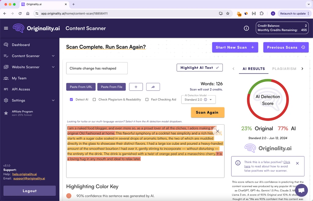 Originality Scores Grammarly Amended Version of BypassGPT Output 77 Percent AI