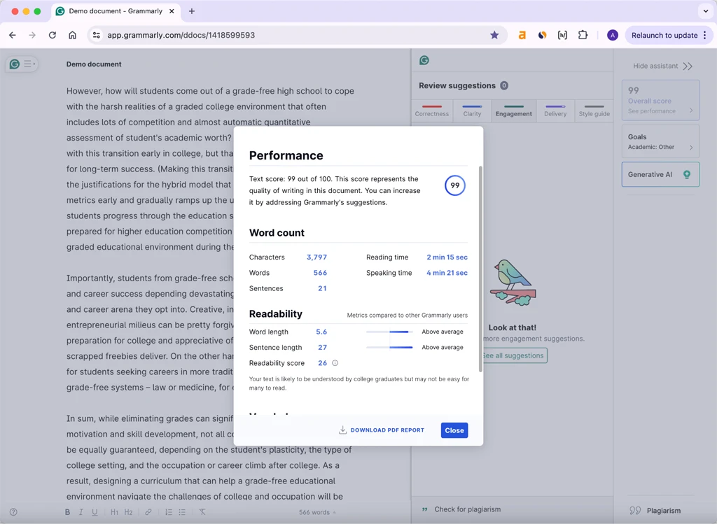 Phrasly.ai Humanization Output Grammarly Amended Score 99