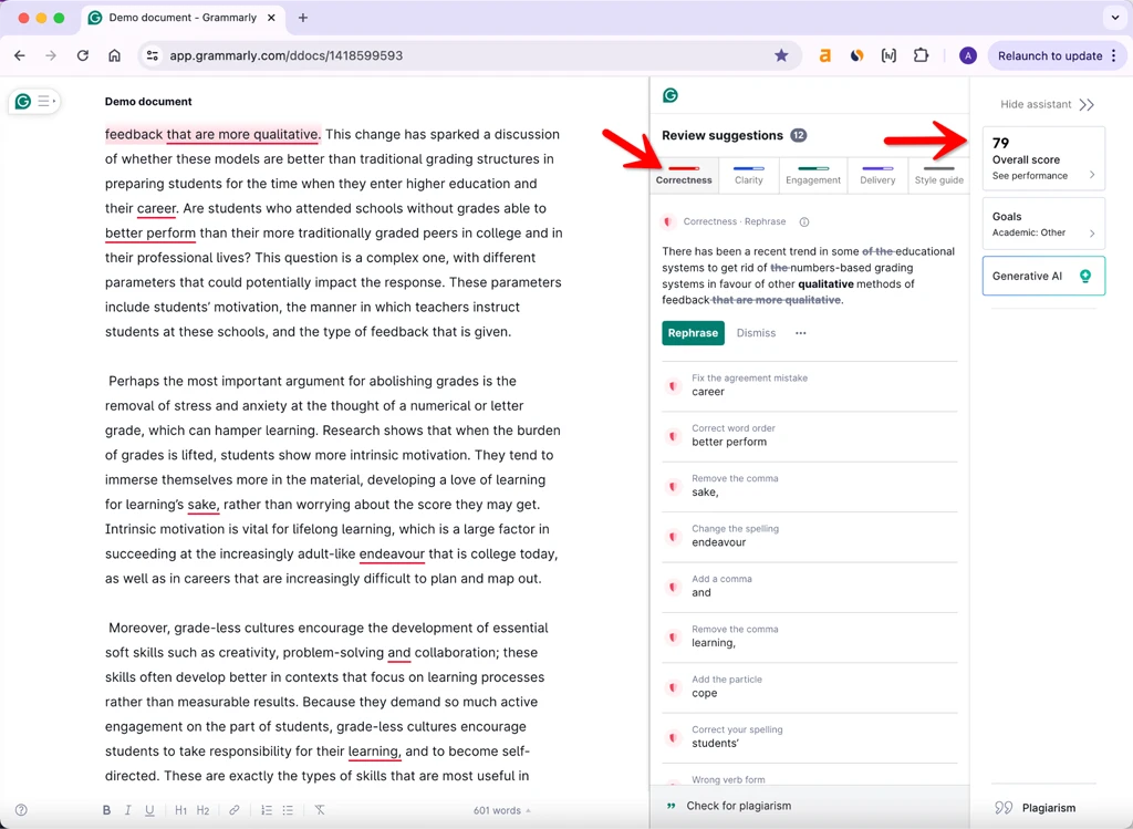 Phrasly.ai Humanization Output Grammarly Overall Score 79