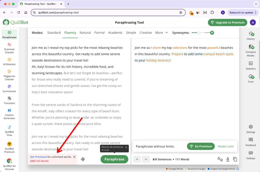 QuillBot Paraphrasing Tool Free Version Input Limitation 