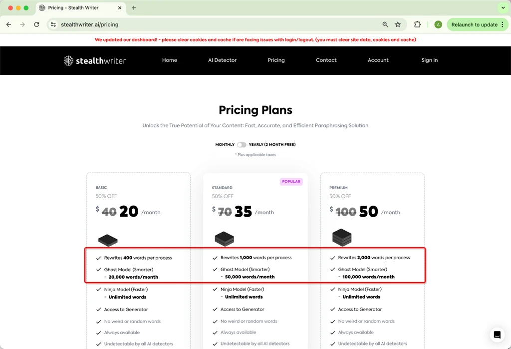 Stealthwriter.ai Pricing Monthly